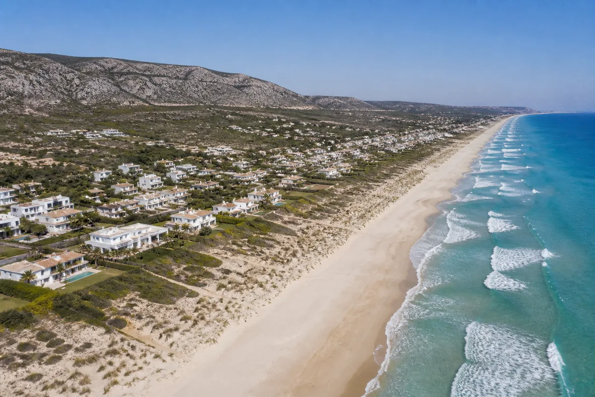 Vue aérienne d’une longue plage de sable bordée d’immeubles bas et du massif calcaire en arrière-plan
