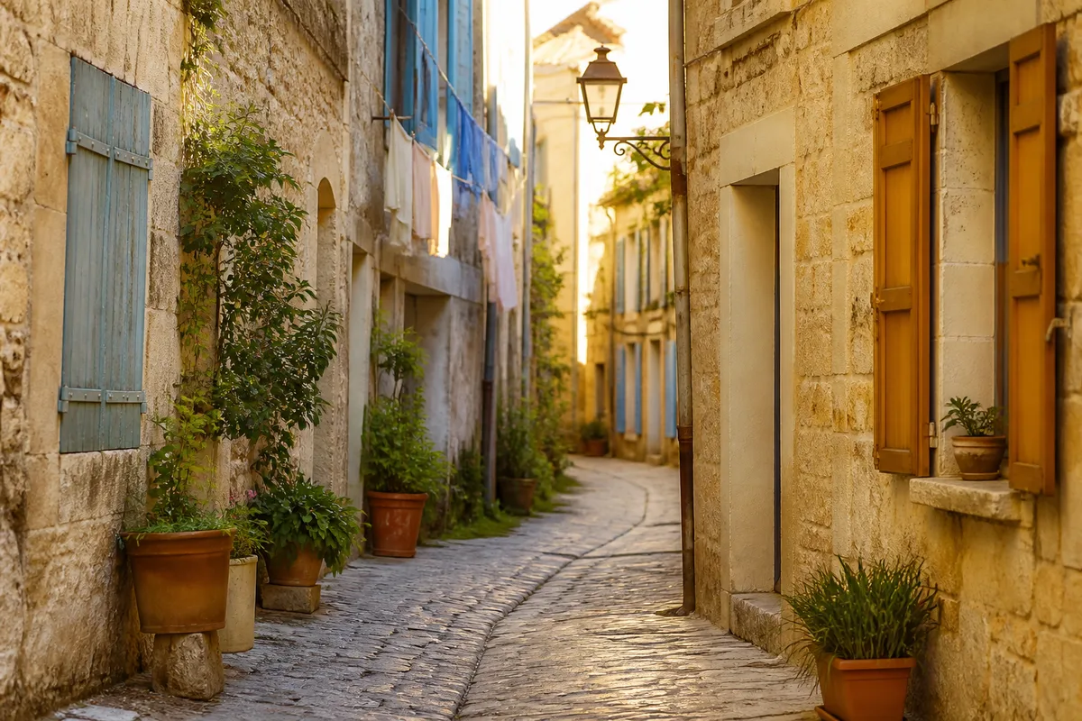 Ruelle ancienne d’une ville du sud avec façades en pierre claire et volets colorés