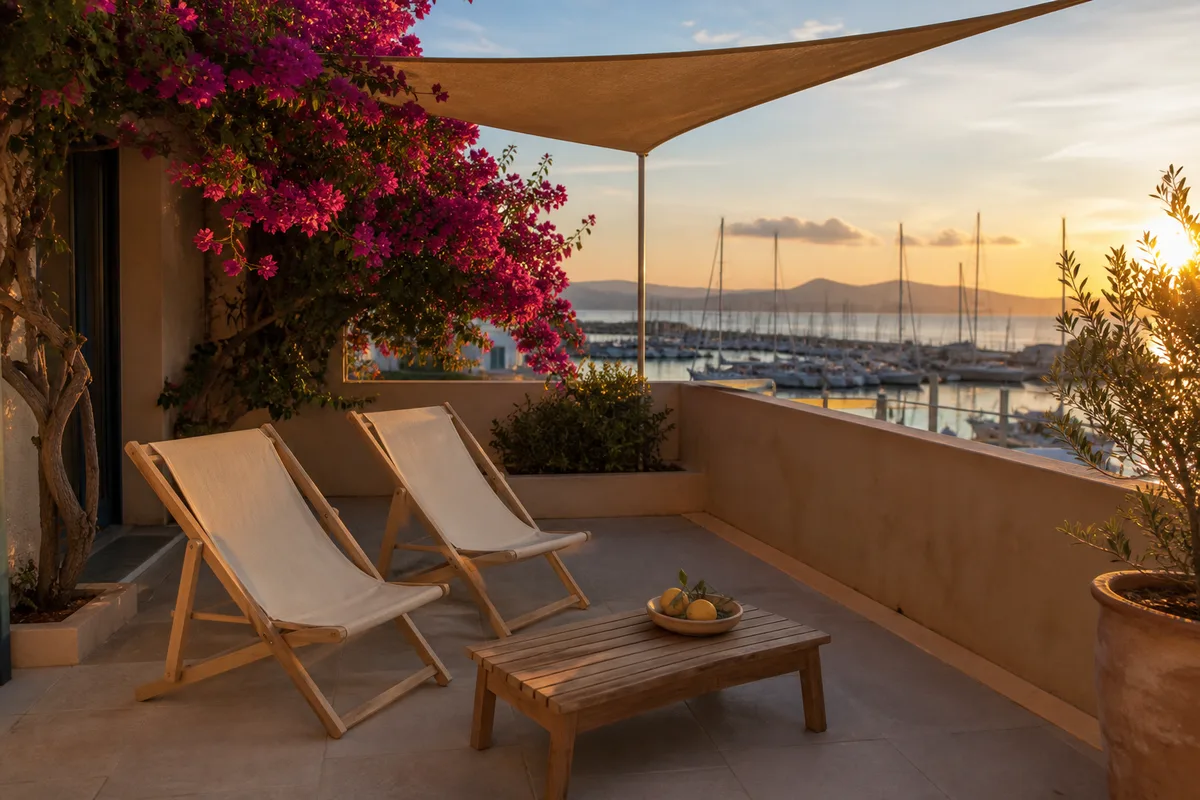 Terrasse ombragée d’un hébergement méditerranéen avec transats et vue sur le port de plaisance