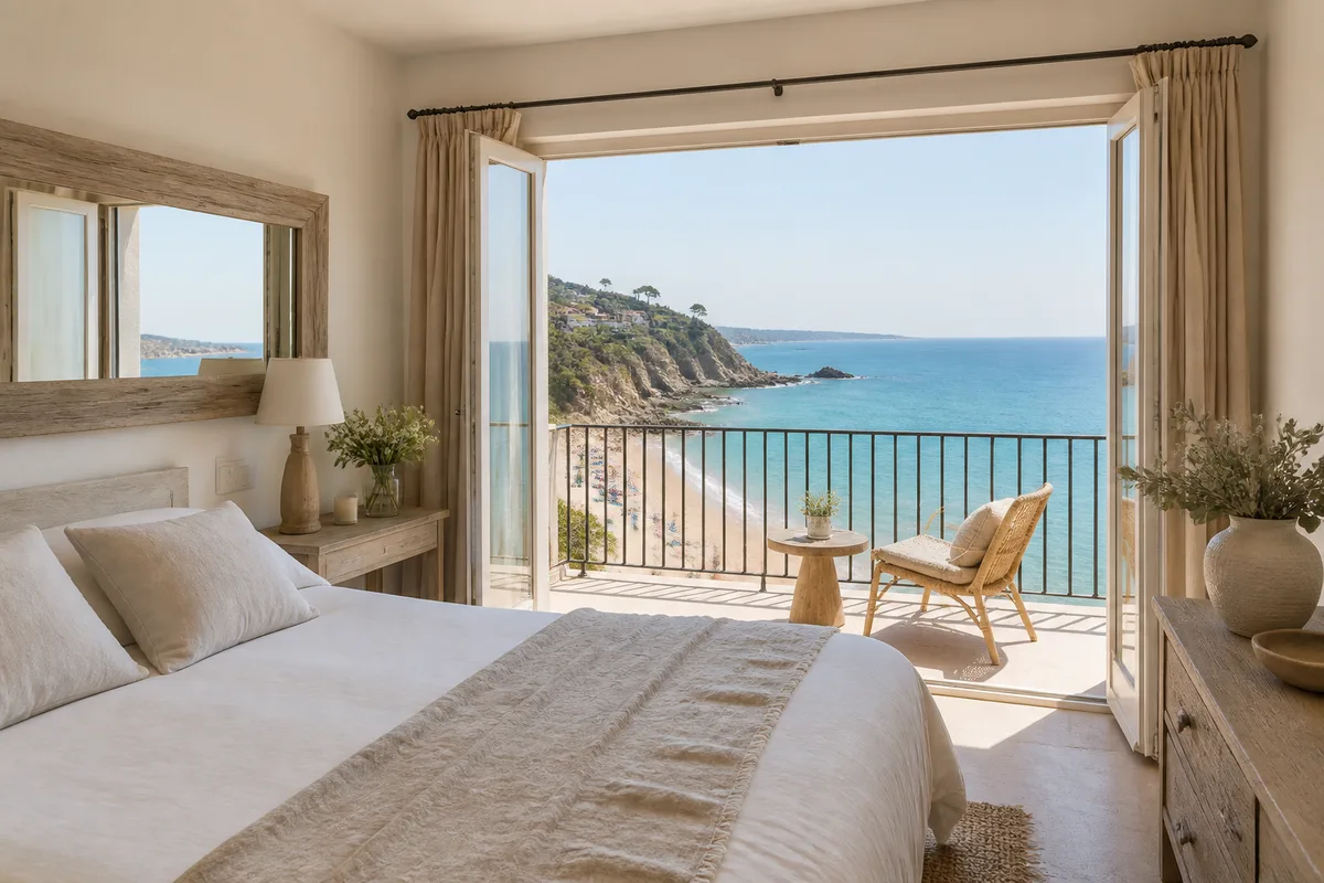 Chambre lumineuse avec balcon ouvert sur le littoral méditerranéen