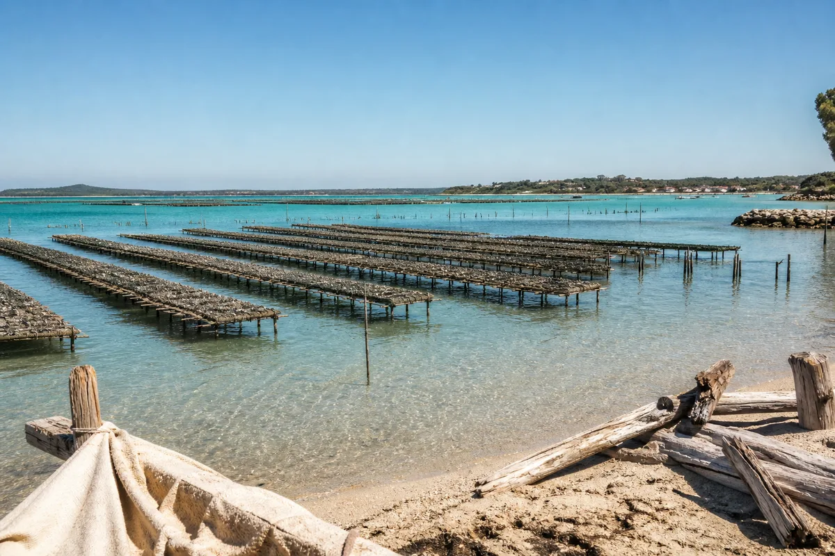 Tables d’élevage de coquillages alignées dans une lagune méditerranéenne
