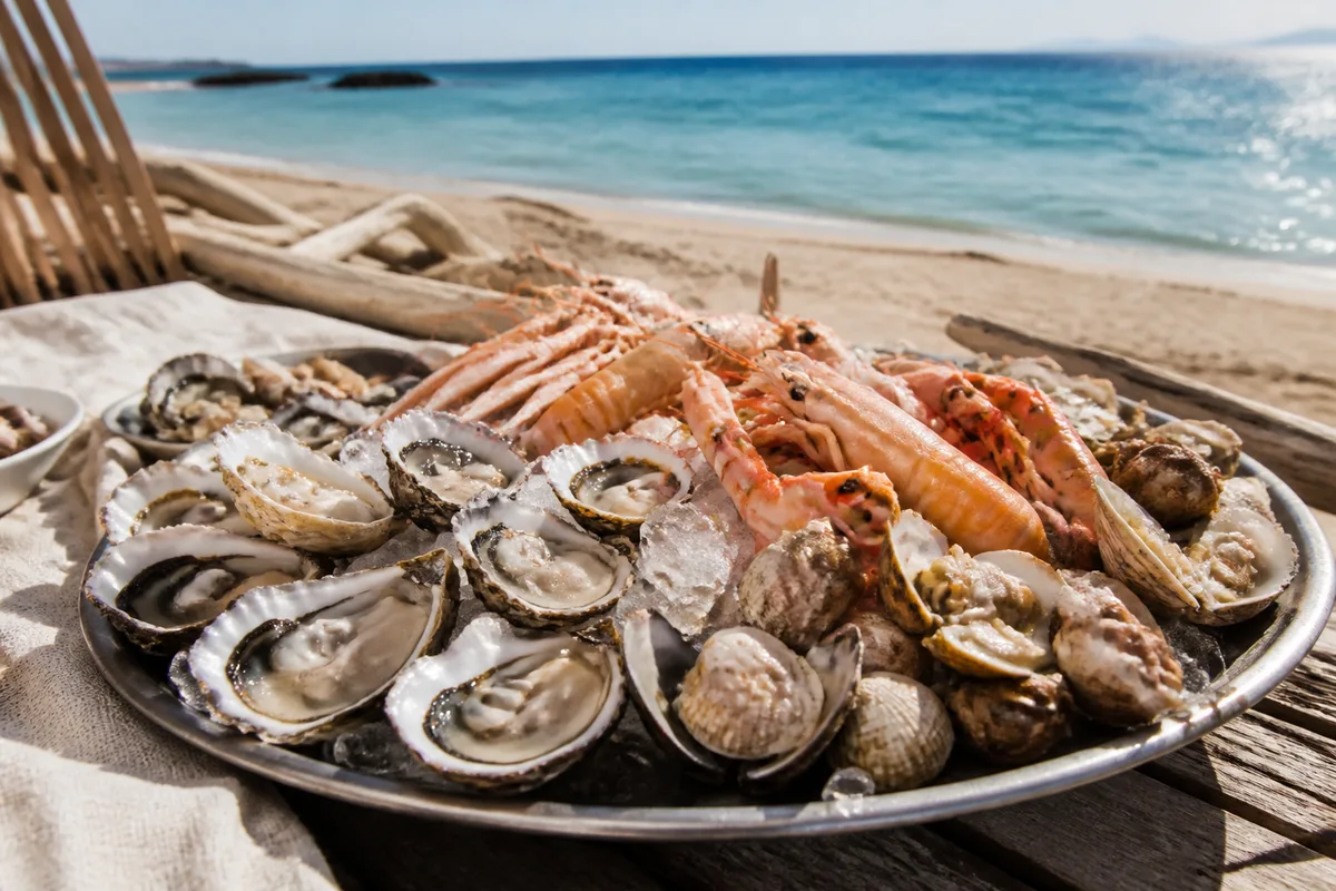 Plateau de fruits de mer garni de coquillages sur un lit de glace