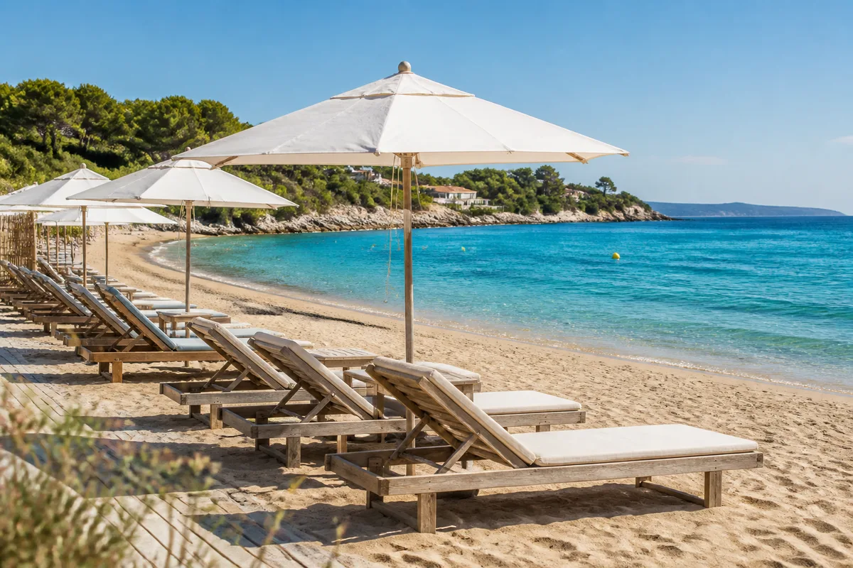 Alignement de transats et de parasols blancs sur une plage aménagée en bord de Méditerranée