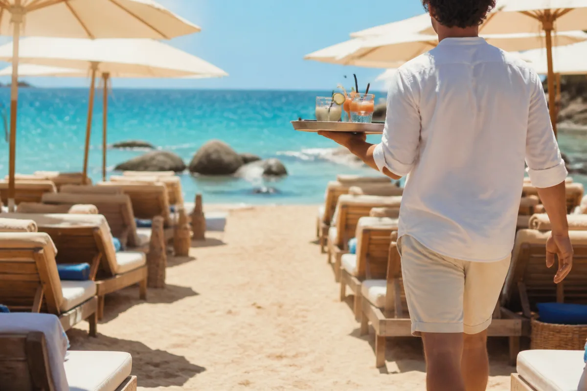 Serveur apportant des boissons entre les rangées de transats d&rsquo;une plage aménagée
