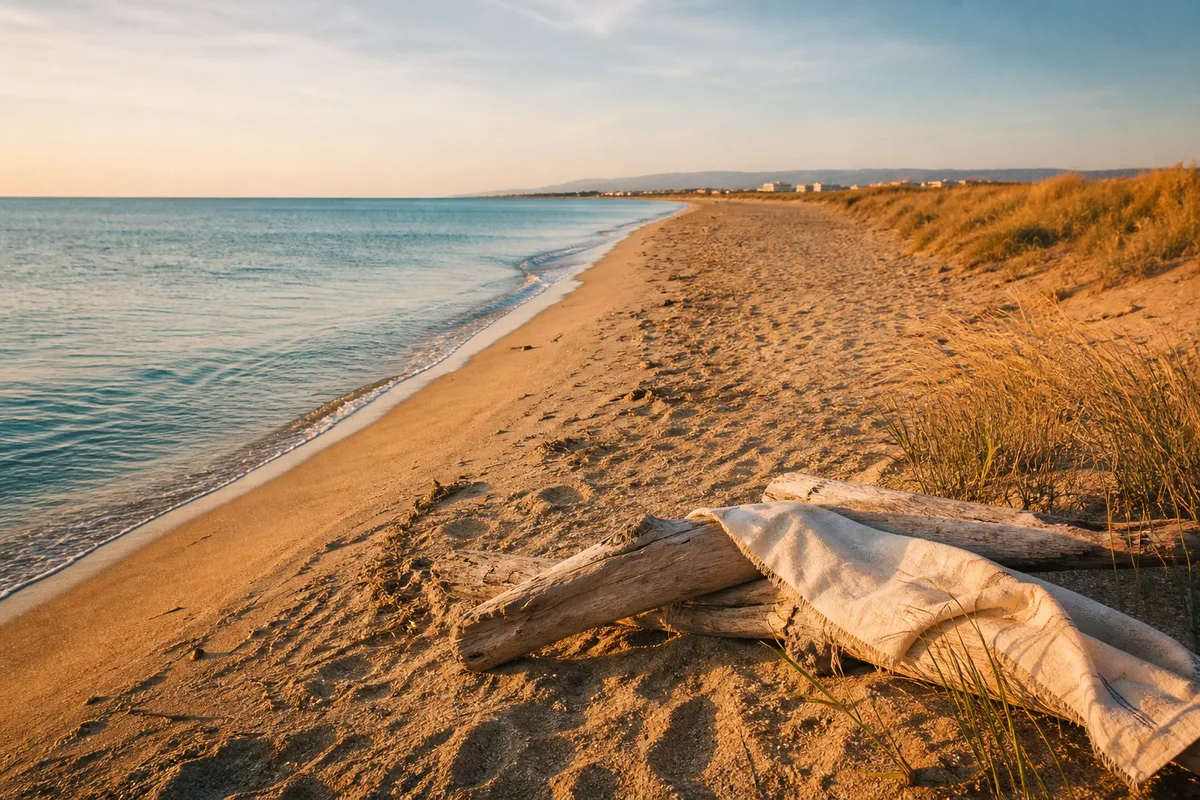 Vue du cordon de sable de Narbonne-Plage bordé par la Méditerranée au lever du jour