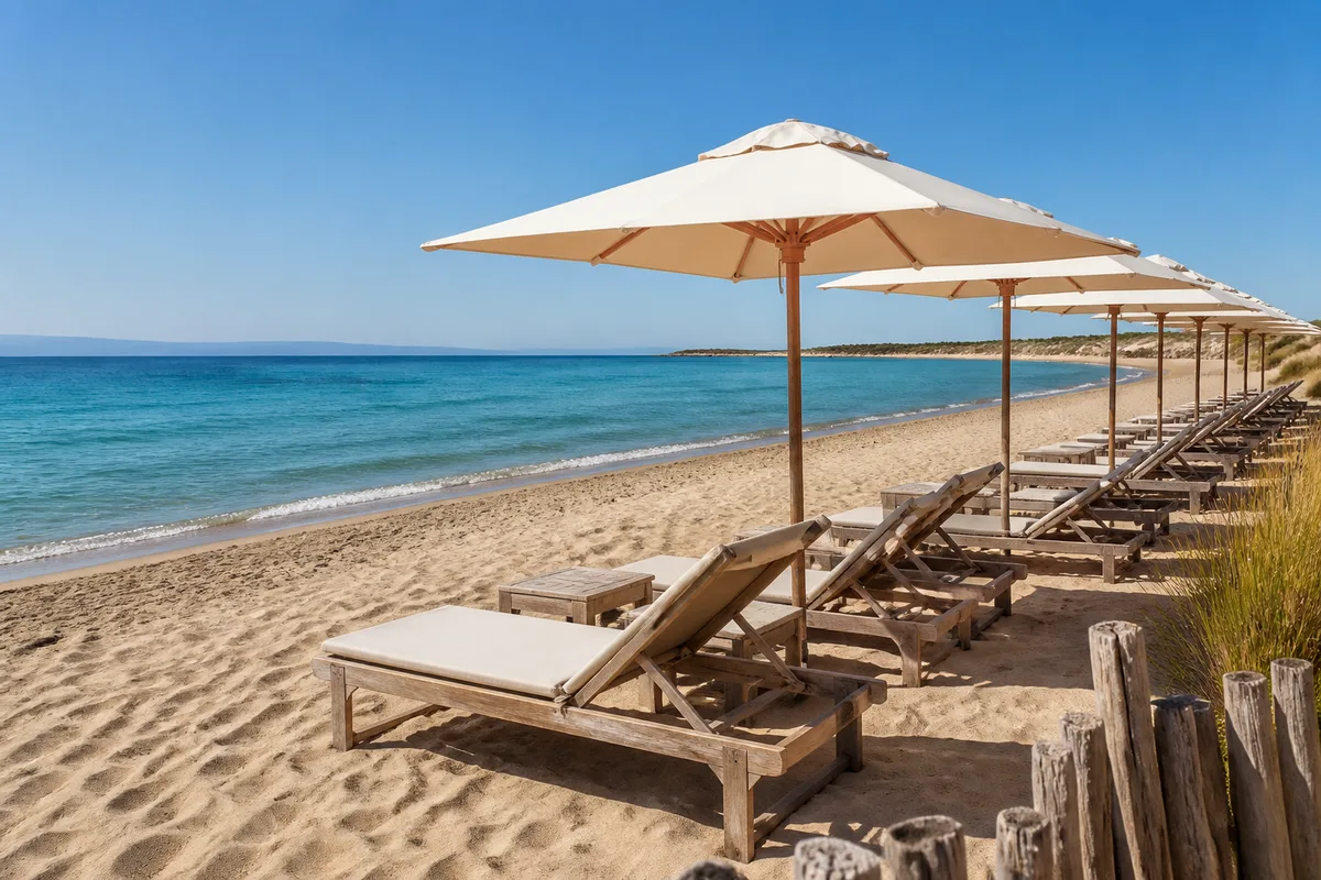 Rangées de transats et parasols sur une plage aménagée du littoral audois
