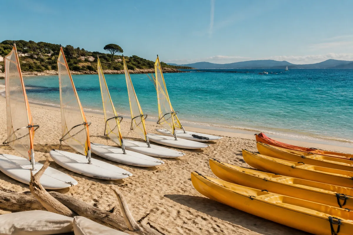 Planches à voile et kayaks alignés sur le sable face à la Méditerranée