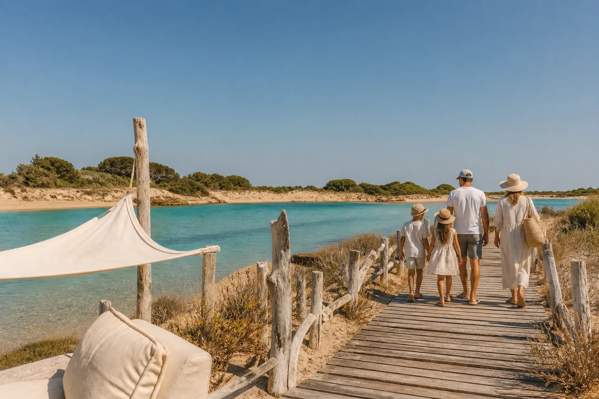 Famille marchant sur un ponton de bois au-dessus d’un étang littoral