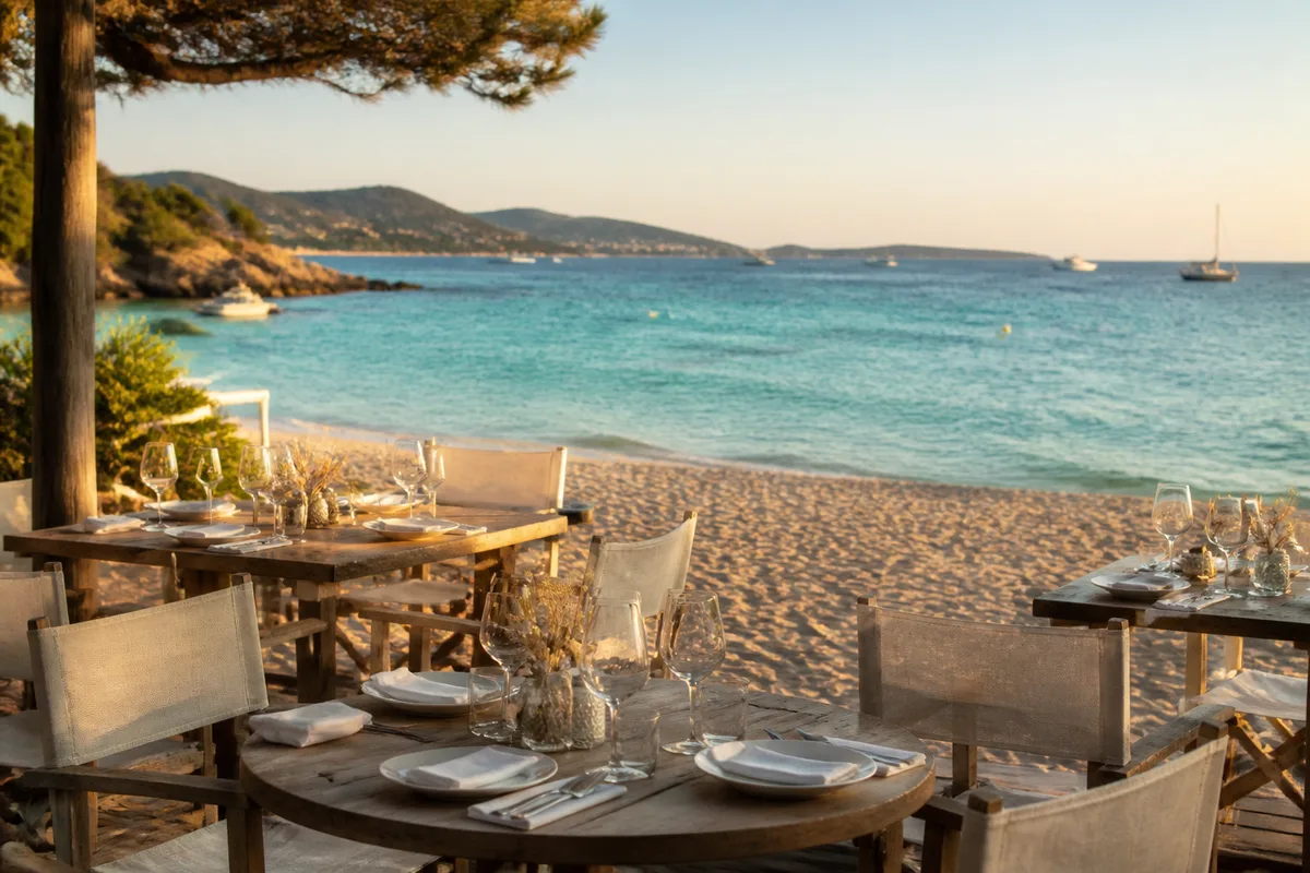 Terrasse de bord de mer dressée face à la Méditerranée en fin de journée