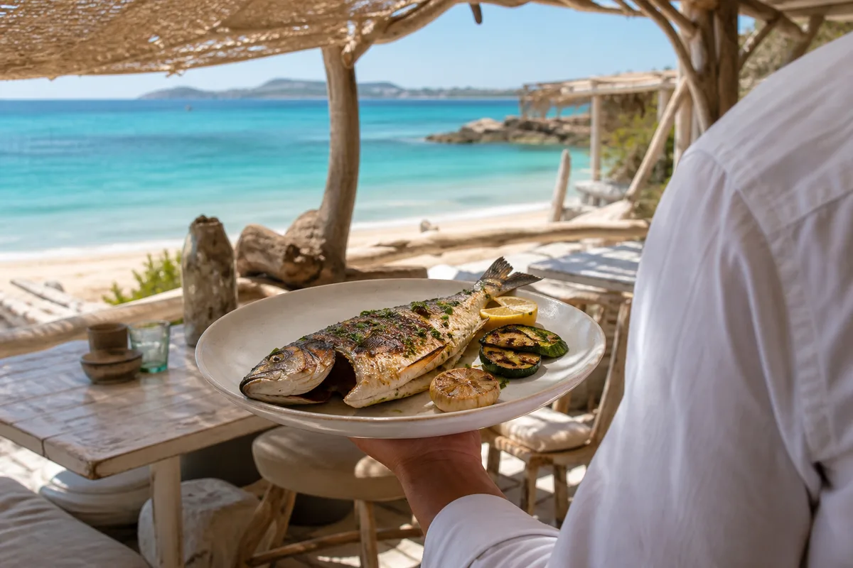 Serveur portant une assiette de poisson grillé sur une terrasse ombragée